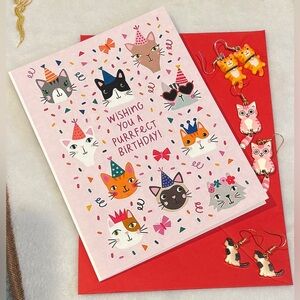 Cat-Themed Birthday Card (blank inside) with 3 pairs of Earrings